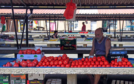 man is selling tomatoes at street market in Novi Sadのeditorial素材