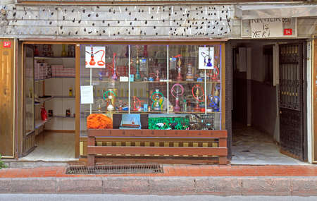 Istanbul, Turkey - August 10, 2017: entrance and window shop of hookah store in Istanbul, Turkeyのeditorial素材