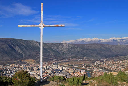 view of city Mostar from hill Hum, Bosnia and Herzegovinaの写真素材