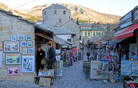 Mostar, Bosnia and Herzegovina - December 21, 2017: the cobbled street in old town of Mostar, Bosnia and Herzegovinaのeditorial素材