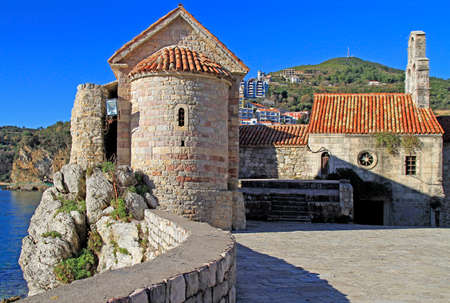buildings of old church in old town of Budva, Montenegroの写真素材