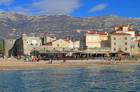 Budva, Montenegro - December 25, 2017: people are walking at fortified walls of old town in Budva, Montenegroのeditorial素材