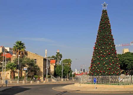Haifa, Israel - November 27, 2017: people are walking at christmas tree outdoors in city Haifa, Israelのeditorial素材