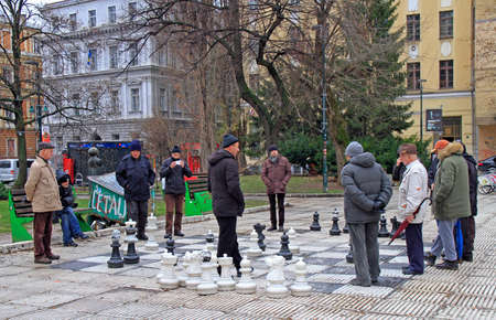 Sarajevo, Bosnia and Herzegovina - December 18, 2017: men are playing chess with huge figures outdoor in Sarajevo, Bosnia and Herzegovinaのeditorial素材