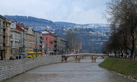 Sarajevo, Bosnia and Herzegovina - December 19, 2017: Latin Bridge is a historic Ottoman bridge over the River Miljacka in Sarajevo, Bosnia and Herzegovinaのeditorial素材