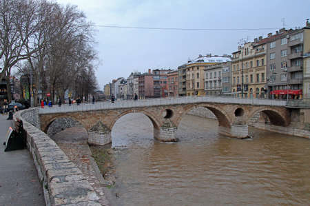 Sarajevo, Bosnia and Herzegovina - December 19, 2017: Latin Bridge is a historic Ottoman bridge over the River Miljacka in Sarajevo, Bosnia and Herzegovinaのeditorial素材