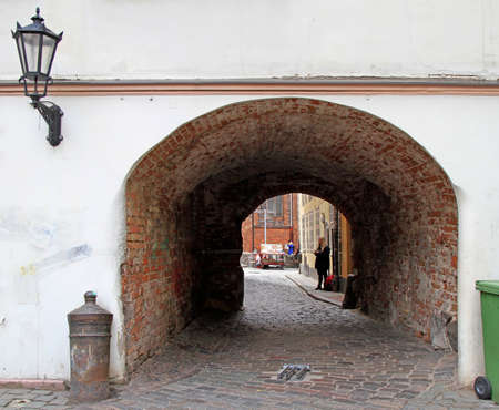 arch passageway in old city of Riga, Latviaのeditorial素材