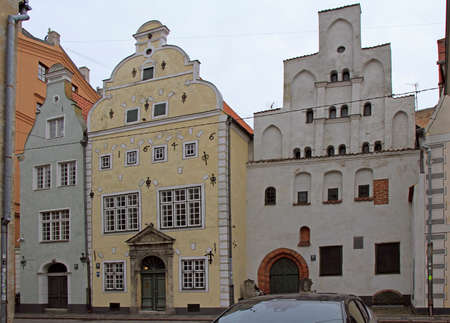 Riga, Latvia - April 29, 2017: 'Three Brothers' are the best examples of residential buildings of medieval Rigaの写真素材