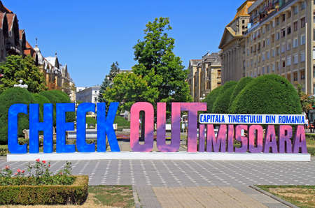Timisoara, Romania - July 19, 2017: sign with the text 'Check out Timisoara, Romanian's Youth Capital' in center of city Timisoara, Romaniaのeditorial素材