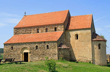 Fortified medieval church on top of rock hill in Cisnadioara near Sibiu, Romaniaの写真素材
