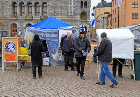 Helsinki, Finland - April 3, 2017: tents for political agitation on square in center of Helsinkiのeditorial素材