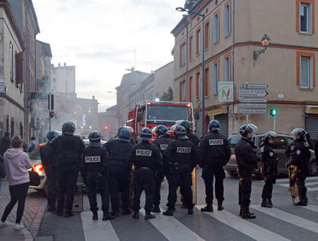 Toulouse, France - December 4, 2018: Riot police blocked road for Yellow Vests demonstration in Toulouse, Franceのeditorial素材