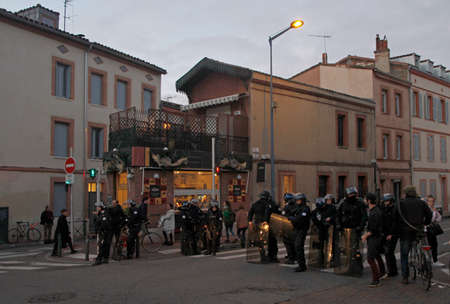 Toulouse, France - December 4, 2018: Riot police blocked road for Yellow Vests demonstration in Toulouse, Franceのeditorial素材