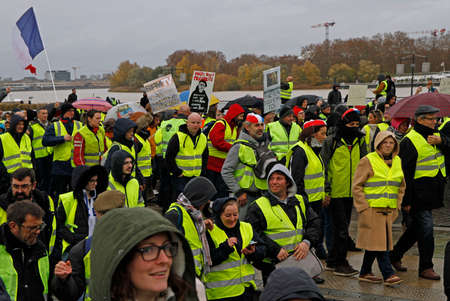 Bordeaux, France - December 1, 2018: demonstration yellow vests against increase taxes on gasoline in Bordeaux, Franceのeditorial素材