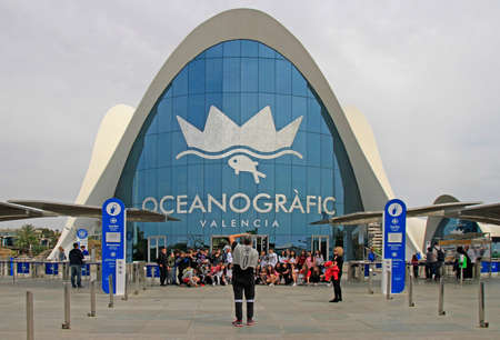 Valencia, Spain - April 25, 2018: People are making photo at the entrance of the Oceanographic, a marine complex in Valenciaのeditorial素材
