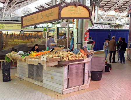 Valencia, Spain - April 26, 2018: stall with vegetables at central market in Valenciaのeditorial素材