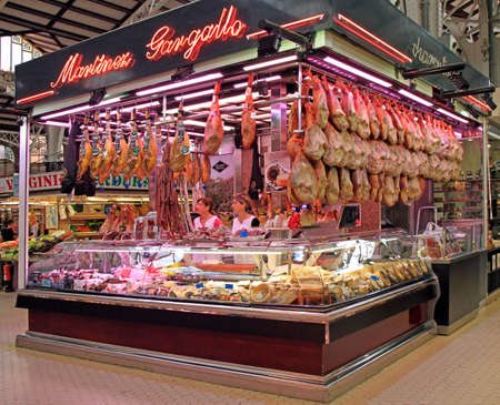 Valencia, Spain - April 26, 2018: stall with meat at central market in Valencia, Spainのeditorial素材