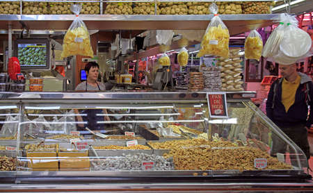 Valencia, Spain - April 26, 2018: stall with dried fruits and nuts at central market in Valenciaのeditorial素材