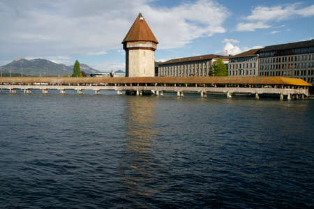 the chapel bridge in center of swiss city Luzernの写真素材