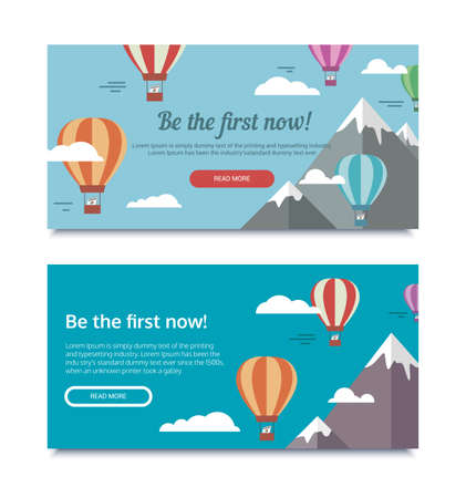 Vector illustration on the theme of SEO and website promotion. Banners for SEO with a balloon and mountains. Be the first now!のイラスト素材