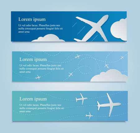 Banner with white airplane in the sky. Nice blue background for business and ticketing.のイラスト素材