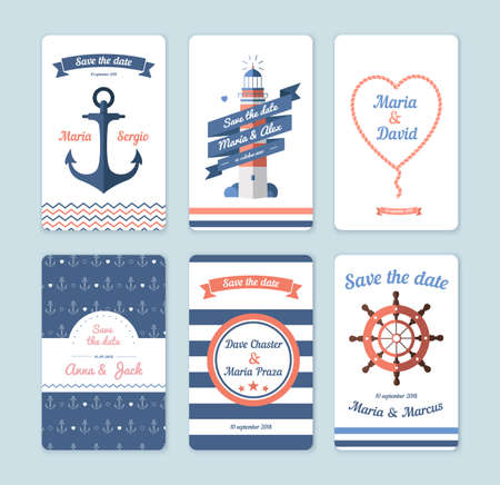 Wedding invitation card. Save the date, sailor theme. Set invitationのイラスト素材
