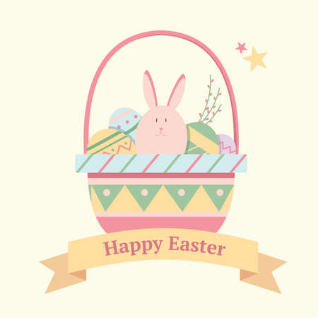 Festive card for Easter with a bunny and eggs in a basketのイラスト素材