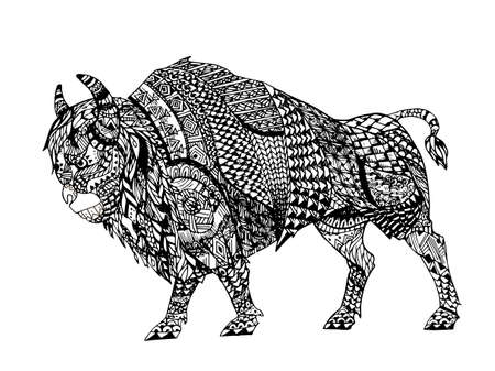 Zentangle stylized Black Bison. Hand Drawn doodle vector illustration. Sketch for tattoo or makhenda. Animal collection.のイラスト素材
