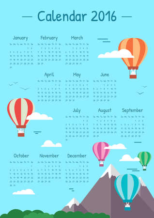 Children with balloons calendar for 2016. Clouds in the blue skyのイラスト素材