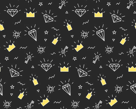 Vector pattern with elements of crowns and diamonds. Background fabric. Hipsters on black backgroundのイラスト素材