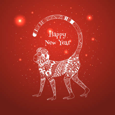 Vector illustration of a red background for the new year. Illustration Oriental style monkey tribeのイラスト素材