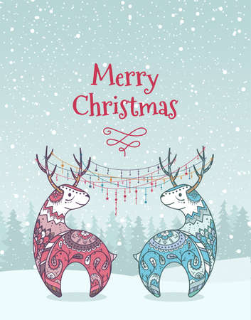 Vector card for Christmas. Bright reindeer with ornaments and flowers. Christmas reindeer print totemのイラスト素材