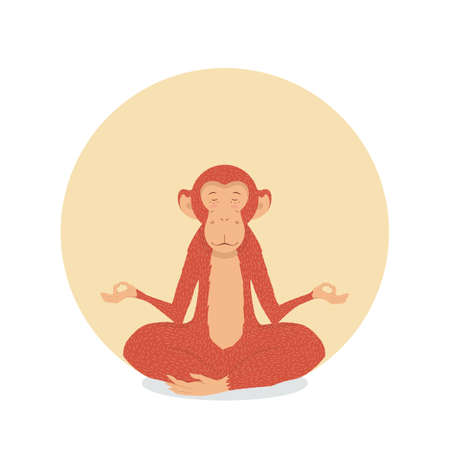 Red Monkey in the lotus position on a sun background. Meditation and tranquility of spirit of equality. Peace and joy to print on fabric or card.のイラスト素材