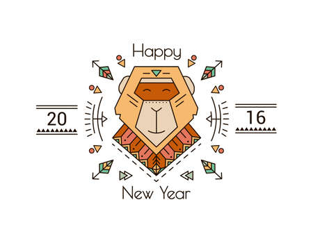 Illustration with yellow monkey for new year 2016. Thin lines monkey labels  icons. Retro design vector graphic packaging, card, emblem, sign, poster.のイラスト素材