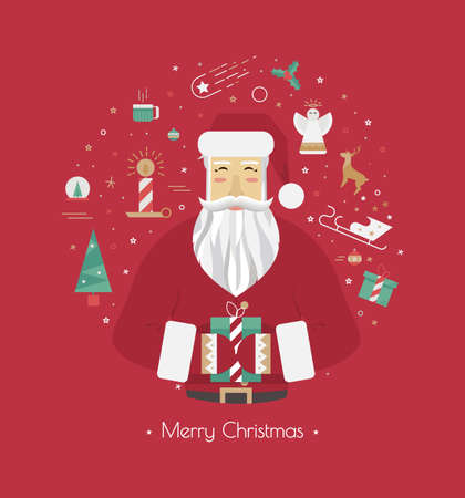 Illustrations for the New Year 2016 with Santa Claus at the red background with icons. Circle with rodzhestvenskimi elements Santa Claus, mistletoe, Christmas tree, candles and sleds.のイラスト素材