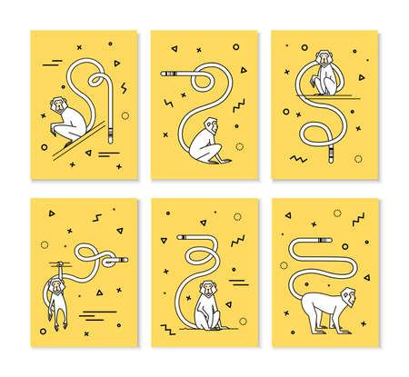 Set number 1 postcard with the monkeys in different poses. Style thin line hipstre. Cards for congratulations and pichati. Funky Monkey 2016のイラスト素材