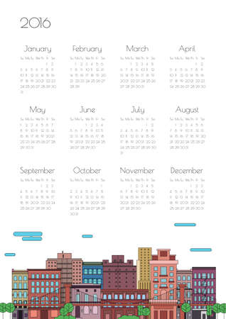 Calendar 2016 with the city in a linear style. Week starts on Sundayのイラスト素材