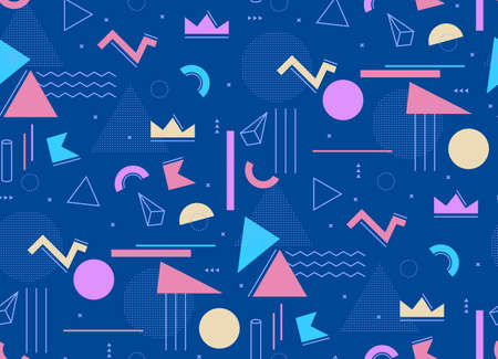 Cheerful geometric pattern on a blue background Memphis style. Common elements in the art of the...