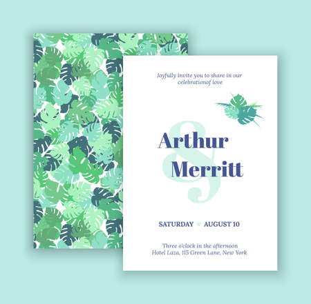 Vector set of invitation with handmade floral elements and exotic palm leaves. Modern Wedding Collection. Green, blue hipstre invitation to the feast.のイラスト素材
