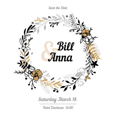 Vector invitation with gold floral elements and calligraphic letters. Wedding otkrtyka remember the date. Handmade.のイラスト素材