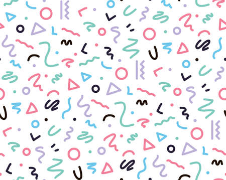 Bright pattern in the style of the Memphis line. Geometric pattern for the cover, booklet, wallpaper, gift. Pattern birthday.のイラスト素材