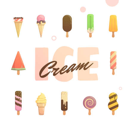 Bright icons for ice cream, simple design for the web. Funny character for prints, posters in the shop of sweets. Cover for phone, notebook, notepad. Set of ice cream.のイラスト素材