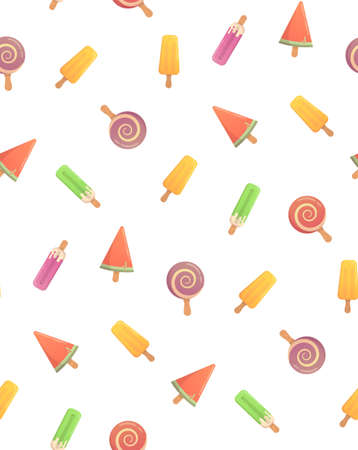 Funny summer pattern with ice cream. Several types of cream candy, fruit, vanilla, watermelon. Bright pattern of the candy store.のイラスト素材