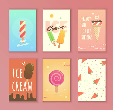 A set of cards with ice cream. Bright illustrations for covers, posters, notepads, . Summer sweets for joy.のイラスト素材
