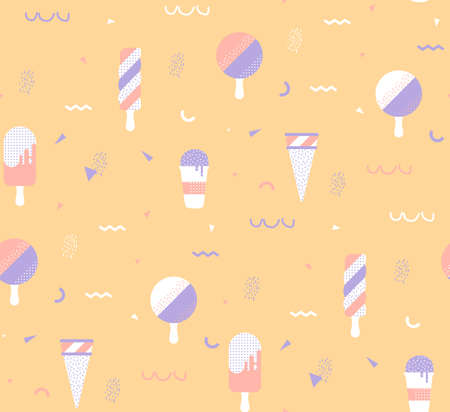 Bright yellow background with ice-cream and geometric elements. Memphis style, lines and points. Template for cover, website banner.のイラスト素材