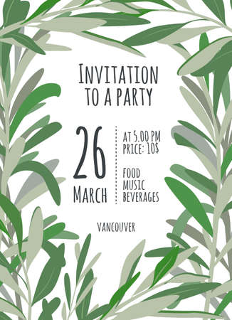 Invitation for holiday with green leaves. A bright illustration for eco hipster partyのイラスト素材