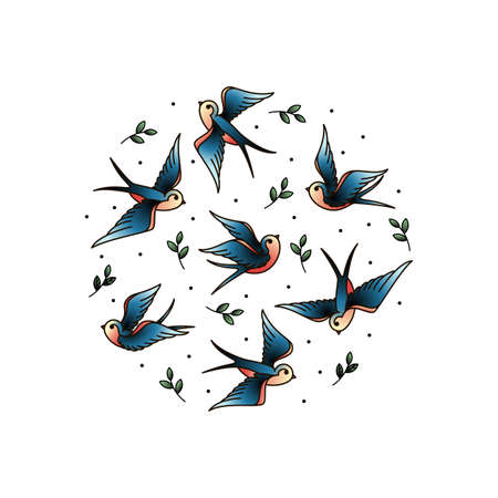 Old School Tattoo swallows in the circle. Birds in circle with plants elements. Elegant illustration for the cover.のイラスト素材