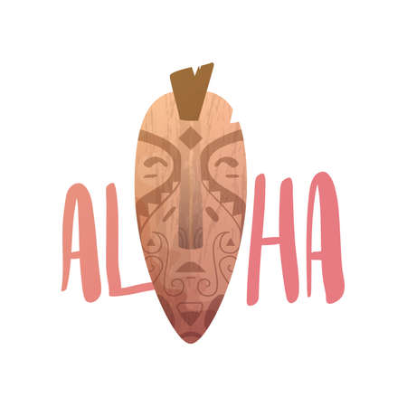ALOHA lettering. Mask statue carved polynesian wood vector illustration.のイラスト素材