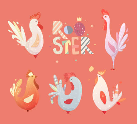 Set roosters for children. The character of happy, bright birds. Illustrations for the postcards, T-shirts, artwork, calendars. birthday.のイラスト素材