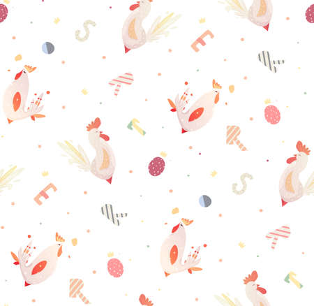 Bright children pattern with roosters and letters. pattern for the fabric, books, cover. Seamless pattern with birds for children.のイラスト素材